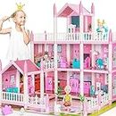 Doll House for 3 4 5 6 7 8 Year Old Girls - 4 Dollhouse Dolls, LED Light, 3-Story 8 Rooms Playhouse with Accessories Set, Furnished Pretend Play House Birthday for Kids