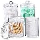 4 Pcs, 10 OZ Qtip Holder Dispenser for Cotton Ball, Cotton Swab, Cotton Round Pads, Floss - Clear Plastic Apothecary Jar Set for Bathroom Canister Storage Organization, Vanity Makeup Organizer