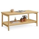 VASAGLE 2-Tier Coffee Table for Living Room, Living Room Table Rectangular Center Table, with PVC Rattan Storage Shelf, Rounded Corners, Easy Assembly, Boho Style, Oak Beige ULCT240Y57