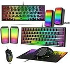 Lexonelec Juego de Teclado y ratón Champing Accessories PC Xbox PS4 Pack - 60 Percent Ultra Compacto Light up Mini Keyboard QWERTY Layout y 3200 dpi Mouse Gaming Bass Speaker Alfombrilla de Mouse Pad