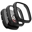 [3-Pack] Case for Fitbit Sense/Versa 3 Screen Protector with Tempered Glass, Hard PC All Around Coverage Protective Bumpers Cover for Fitbit Sense/Versa 3 Smart Watch (Black+Black+Black)