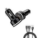 Dyazo QC Fast 12V Car Charger Dual USB Ports Compatible for Qualcomm 3.0, Samsung Galaxy, iPhone, Vivo, Oppo, Mi & Other Mobile Phones with Free 3 in 1 Cable, Black