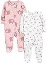 Simple Joys by Carter's Baby Girls' 2-Way Zip Thermal Footed Sleep and Play, Pack of 2, Pink Elephant/White Floral, 3-6 Months