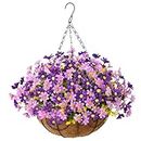 INQCMY Artificial Hanging Flowers in Basket for Outdoors Spring Decoration,Fake Daisy Plants in Coconut Lining Hanging Basket for Outside Home Patio Lawn Garden Decor (Purple)
