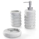 Navaris Decorative Bathroom Accessories Set - 3-Piece Bath Accessory Kit with Toothbrush Holder Liquid Soap Dispenser and Soap Dish Tray Set - White Marble
