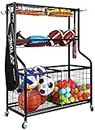 Signature Fitness Garage Sports Equipment Organizer, Garage Ball Storage, Sports Gear Storage, Garage Organizer with Baskets and Hooks, Rolling Sports Ball Storage Cart, Black, Steel