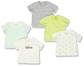 Amazon Essentials Baby Boys' Short-Sleeve Tee, Pack of 5, Bright White Hippo/Green Stripes/Grey/Lime Green/White, 0 Months