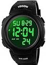 VDSOW Men's Waterproof Sport Watch with Alarm/Stopwatch, Large Wrist Military with LED Backlight, Black, S, Strap, Black, S, Strap