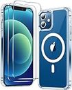 Temdan for iPhone 12 Case for iPhone 12 Pro Case,[Compatible with Magsafe][2 Pcs Glass Screen Protector] [Not Yellowing] Slim Thin Shockproof Phone Case 6.1"-Clear