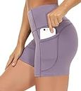 THE GYM PEOPLE High Waist Yoga Shorts for Women Tummy Control Fitness Athletic Workout Running Shorts with Deep Pockets (Large, Crystal Purple)