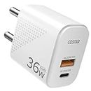 COSTAR 36W GAN USB C Charger, QC/PD Dual Port USB A + USB C Fast Charger, Power Adapter Plug Wall Charger For Iphone, Samsung Galaxy/Note, Xiaomi And Other Android Devices White