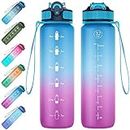 EYQ 32 oz Water Bottle with Time Markings, Carry Strap, Leak-Proof Tritan BPA-Free, Ensure You Drink Enough Water for Fitness, Gym, Camping, Outdoor Sports(Blue/Purple Gradient)