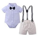 Volunboy Baby Jungen Anzug Set Bekleidung Hemd mit Fliege + Hosenträger Shorts Strampler Anzug（4-5 Jahre，BlauGrau，Größe 120）