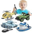 Umadiya® DIY Military Army Car Toy 4 Pack with 1 Screwdriver Tools, Kids STEM Toys Including 1 Helicopter, 1 Jeep, 1 Tank, and 1 Boat for Toddlers Age 3-6, Birthday Gifts for Boys 2 3 4 5 6 Year Old