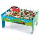 Kids Wooden Train Tracks Set &Table 80-Piece Activity Playset w/Reversible Table
