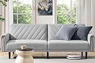 Yaheetech Convertible Sofa Bed 3-Seater Click-clack Fabric Futon Couch Stylish Versatile Daybed with Large Side Pockets for Guest Rooms/Studios/Study/Offices Light Gray