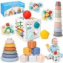 balnore Juguetes Sensoriales Montessori, 5 in 1, 32 PCS, Anillos Apilables/Bloques de Construcción/Cubos, Regalos para Bebes de 0 Meses a 3 Años