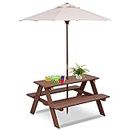 HONEY JOY Kids Picnic Table, Outdoor Wooden Table & Bench Set w/Removable Umbrella, Children Backyard Furniture for Patio Garden, Toddler Picnic Table for Outdoors, Gift for Boys Girls, Walnut
