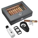 XIFEI Cigar Humidor, Glass Top carbon fiber texture top inlay Hygrometer,including Cigar humidifier, acrylic Cigar stand,Cigar ashtray and Humidor Solution, Holds 25-60 Cigars (9IN*7.5 * 2.8)