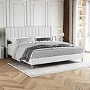 Upholstered Platform Bed Frame King Size with Headboard,Strong Wooden Slats Support No Box Spring Needed Easy Assembly White Linen