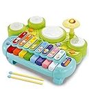 Fisca 3 in 1 Musical Instruments Toys, Electronic Piano Keyboard Xylophone Drum Set - Learning Toys with Lights for Baby & Toddler 1 2 3 Year Old Boys and Girls