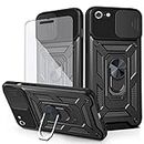 Asuwish Phone Case for iPhone 6plus 6splus 6/6s Plus with Slide Camera Cover and Tempered Glass Screen Protector Hard Stand Ring Holder Cell iPhone6 6+ iPhone6s 6s+ i 6P 6a S Six iPhone6splus Black