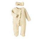 Bowanadacles Infant Baby Girl Footed Jumpsuit Ruffle Cotton Footies Newborn One-piece Romper with Headband (A Creamy, Newborn)
