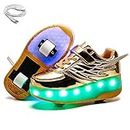 Ehauuo Kids Two Wheels Shoes with Lights Rechargeable Roller Skates Shoes Retractable Wheels Shoes LED Flashing Sneakers for Unisex Girls Boys Beginners Gift , A-gold, 6 Big Kid