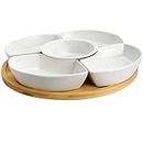 Elama Ceramic Stoneware Condiment Appetizer Set, 6 Piece, Compartment Round in White and Natural Bamboo
