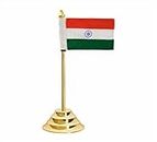 Khadi Single National Flag, Brass Pole & 3 Steps Metal Heavy Base for Car Dashboard, Home & Office Desk or Table and Corporate Gifting Purpose with Polished Gold Chrome Finished
