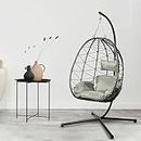 Premium Egg Chair Outdoor & Indoor - Hanging Egg Chair with Stand - Portable Egg Swing Chair with Waterproof & UV Resistant Cushions & Headrest, 450lb Capacity Patio Egg Chair for Bedroom- Black-Grey
