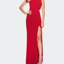 La Femme Asymmetrical Jersey Prom Dress with Cut Outs - Red - 0