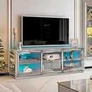 VINGLI Mirrored TV Stand with Sparkling Diamonds & LED Lights for TVs Up to 65 Inch, Assembled Modern Entertainment Center with Drawer and Shelves for Living Room (Silver, 57'' x 15'' x 20'')