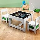 KIDBOT Kids Wood Table & 2 Chairs Set 3in1 Children Activity Table w/Storage, Removable Tabletop, Blackboard, 3-Piece Toddler Furniture Set for Art, Crafts, Drawing, Reading, Playroom, White & Green