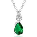 FANCIME 14 Carat Solid White Gold Teardrop Necklace, Emerald Pendant with 925 Sterling Silver Chain, Birthstone Necklace Fine Jewellery Birthday Gift for Women, 16" + 2" Extender