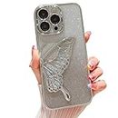 mobistyle Designed for Luxury Glitter Cute Butterfly Plating Design Aesthetic Women Teen Girls Phone Cases Camera Protection Shockproof Cover for iPhone 13 Pro (Silver)