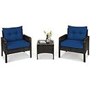 Happygrill 3-Piece Patio Conversation Set Outdoor Rattan Wicker Furniture Set with Coffee Table & Chairs Patio Bistro with Seat Cushions for Garden Balcony Backyard Poolside,Navy Blue