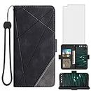 Asuwish Compatible with LG V10 Wallet Case and Tempered Glass Screen Protector Lanyard Rugged Leather Flip Card Holder Slot Stand Cell Accessories Phone Cover for LGV10 LG10 V 10 ThinQ Women Men Black