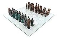 Ebros Gift Colorful Hand Painted Medieval Legend of King Arthur Merlin The Wizard and Dragons Resin Chess Pieces with 15" by 15" Checkered Frosted and Transparent Glass Board Set Gaming Board