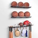 Mythinglogic Sports Equipment Storage Rack,Wall Mount Ball Rack Garage Organizer, 3 Separate Ball Storage Rack for Basketball, with Hooks