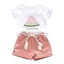 YOUNGER TREE Toddler Baby Girls Clothes Watermelon T-Shirt + Linen Shorts with Belt Cute Summer Short Set (Pink, 3-4 T)