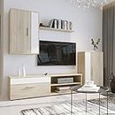 Homely - Mueble de Salón Modular IBIZA MINI | Conjunto 4 Muebles | Muebles Salón Completo | Mueble para Televisión + Mueble Bajo + Mueble Alto + Estantería Alta | Color Roble y Blanco