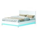 Artiss Queen Bed Frame Platform Headboard RGB LED Gas Lift Beds Base with Storage Space Frames Bedroom Room Decor Home Furniture, Upholstered with White PVC Leather + Foam + Wood