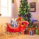Tangkula 4 FT Lighted Christmas Sleigh Decoration, Lighted Santa’s Sleigh with 94 Pre-lit Warm Bright LED Lights, Indoor Outdoor Holiday Decoration with Ground Stakes for Yard Parties