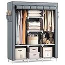 VTRIN Portable Closet Wardrobe for Hanging Clothes with 2 Hanging Rods and 8 Storage Organizer Shelves,Sturdy Large Wardrobe Closet for Bedroom Free Standing Clothes Rack with Cover,Grey