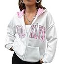 LOFAAC Women Y2K Brooklyn Letter Graphic Zip Up Hoodies Sweatshirt Long Sleeve Drop Shoulder Color Block Jacket Outerwear, Pink, Large