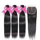 Brazilian Hair Bundles with Closure 12A Straight Human Hair Bundles with Closure 12 14 16+10 Unprocessed Virgin Human Hair 3 Bundles with 4X4 Free Part Lace Closure for Black Women Natural Color