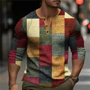 Herbst Farb block Patchwork 3D-Druck Henley Shirts Herrenmode Vintage Button-Down Langarm T-Shirt