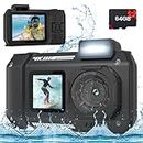4K Underwater Camera 33FT Waterproof Camera, 65MP Autofocus Selfie Dual-Screen Underwater Camera for Snorkeling Waterproof Compact Floatable Digital Camera with 64GB Card(Black)