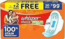 WHISPER CHOICE SANITARY PADS, 20 REGULAR PADS, UPTO 100% STAIN PROTECTION ALL DAY, WITH MAGIC ANTI LEAK AREAS, DRY TOP SHEET, WITH WINGS, DISPOSABLE PADS, For Women